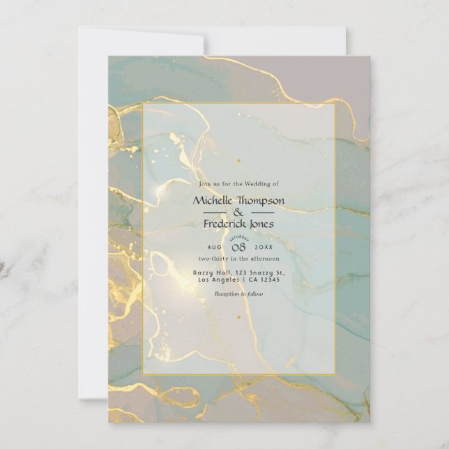 Mint and Gold Alcohol Ink Marble Wedding Invitation (Front)