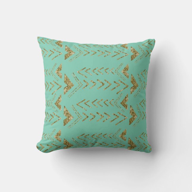 Mint and Gold Arrows Throw Pillow (Front)