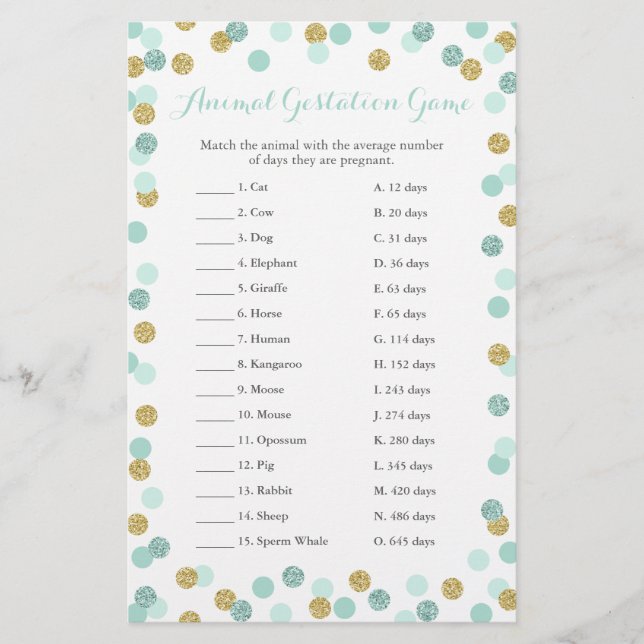 Mint and Gold Baby Shower Animal Gestation Game (Front)