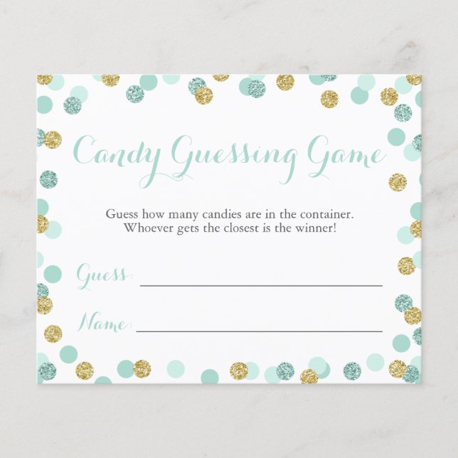 Mint and Gold Baby Shower Candy Guessing Game (Front)