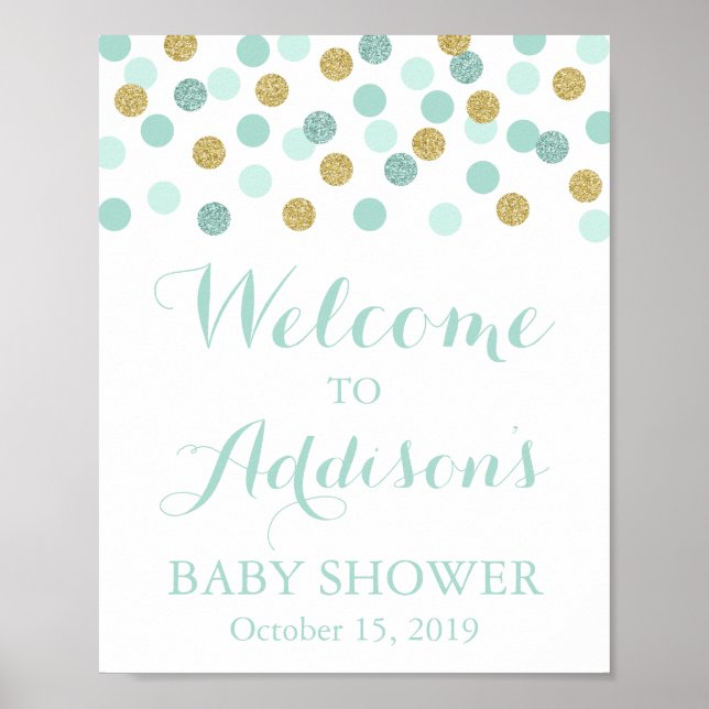 Mint and Gold Baby Shower Welcome Sign Poster (Front)