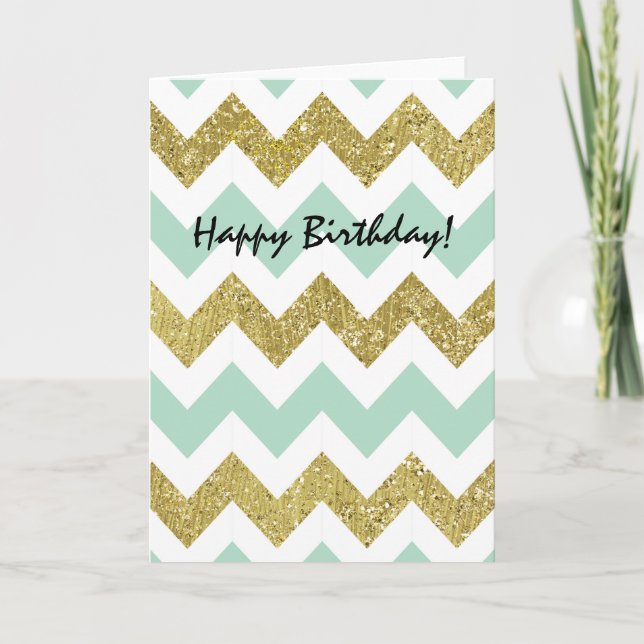 Mint and Gold Chevron Faux Glitter Stripes Card (Front)