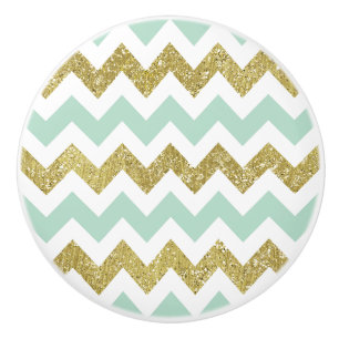 Mint and Gold Chevron Faux Glitter Stripes Ceramic Knob
