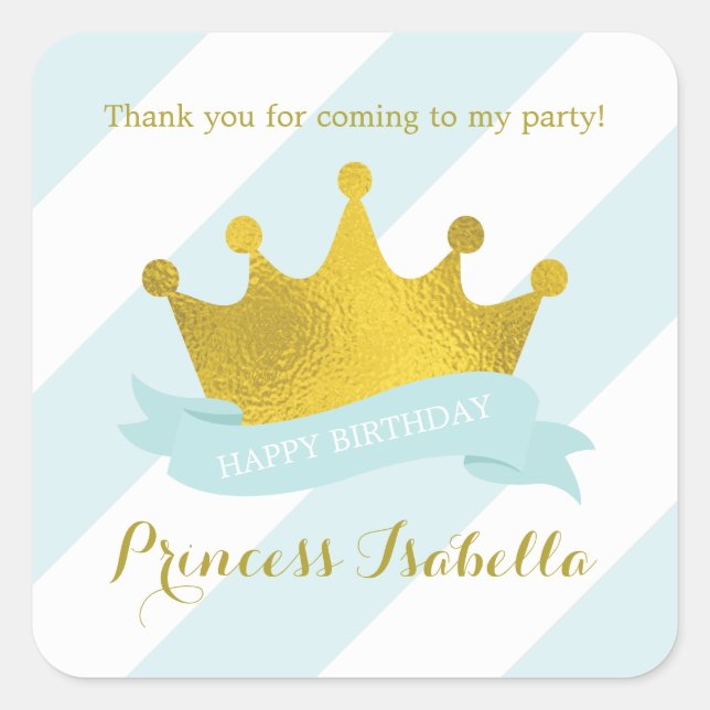 Mint and Gold Crown Princess Birthday Square Sticker (Front)