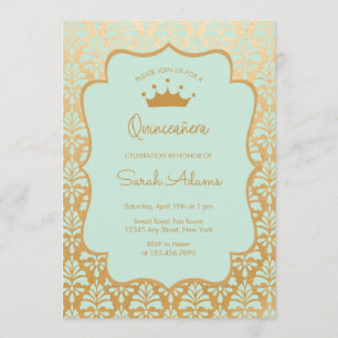 Mint and Gold Damask Glam Modern Quinceanera Invitation