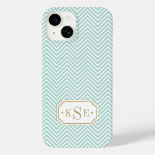 Mint and Gold Elegant Chevron Monogram Case-Mate iPhone 14 Case