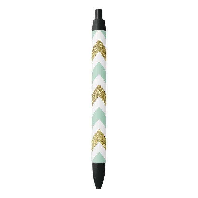 Mint and Gold Faux Glitter Chevron Black Ink Pen (Front Vertical)