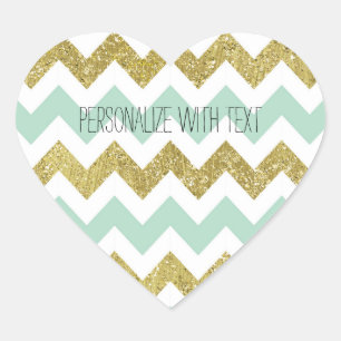Mint and Gold Faux Glitter Chevron Heart Sticker