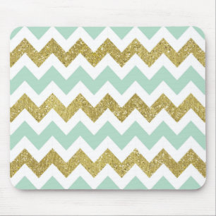 Mint and Gold Faux Glitter Chevron Mouse Pad