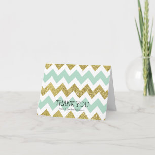 Mint and Gold Faux Glitter Chevron Thank you Card