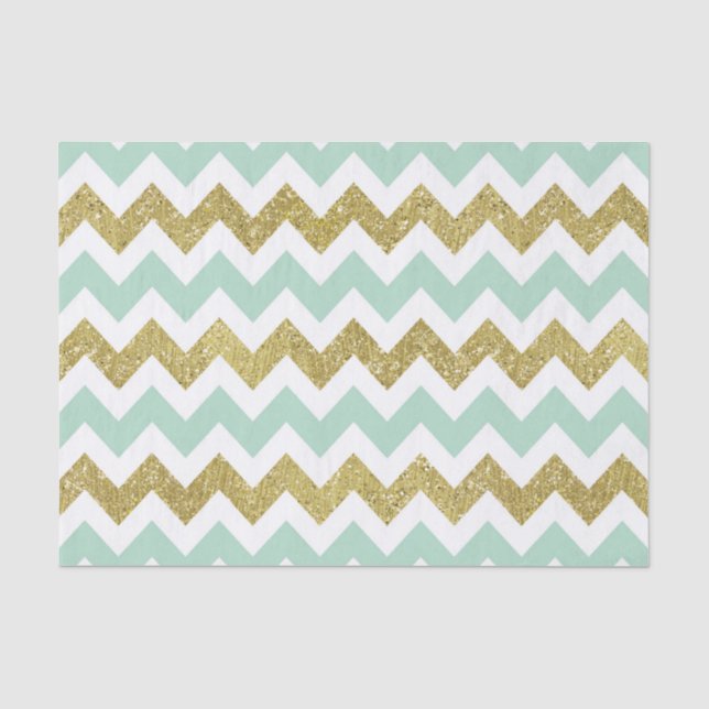 Mint and Gold Faux Glitter Chevron Tissue Paper (Front)
