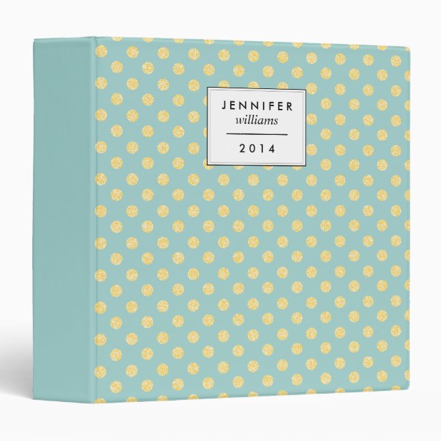 Mint and Gold Faux Glitter Dots Personalized Binder (Front/Spine)
