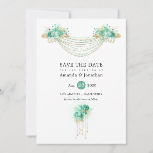 Mint and Gold Floral Lights Wedding Save The Date