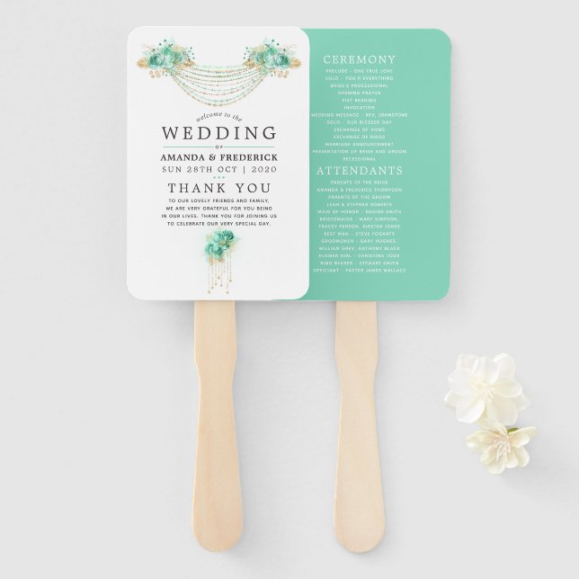 Mint and Gold Floral String Lights Wedding Program Hand Fan (Front and Back)