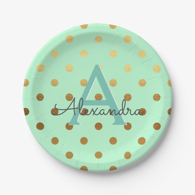 Mint and Gold Foil Polka Dots Monogram Birthday Paper Plate (Front)