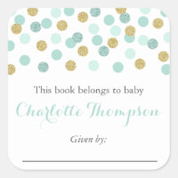 Mint and Gold Glitter Baby Bookplate Sticker Label