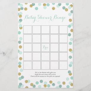 Mint and Gold Glitter Baby Shower Bingo Game Flyer