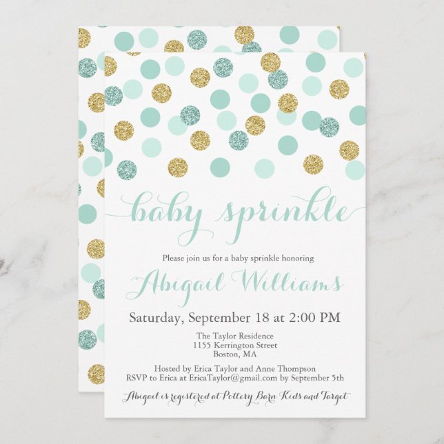 Mint and Gold Glitter Baby Sprinkle Invitations (Front/Back)