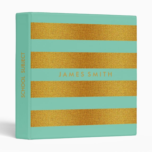 Mint And Gold Glitter Badge Striped Personalized Binder (Front/Spine)