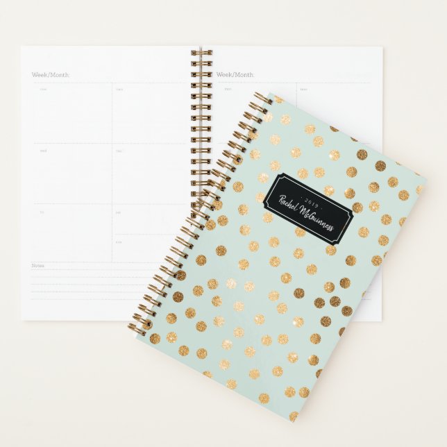 Mint and Gold Glitter Dots Year and Name Planner (Display)
