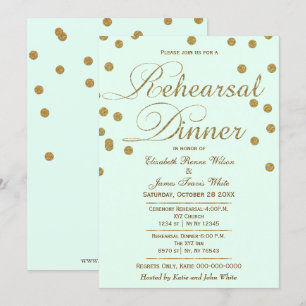 mint and gold glitter rehearsal dinner invitation