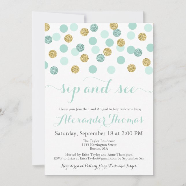 Mint and Gold Glitter Sip and See Invitations (Front)