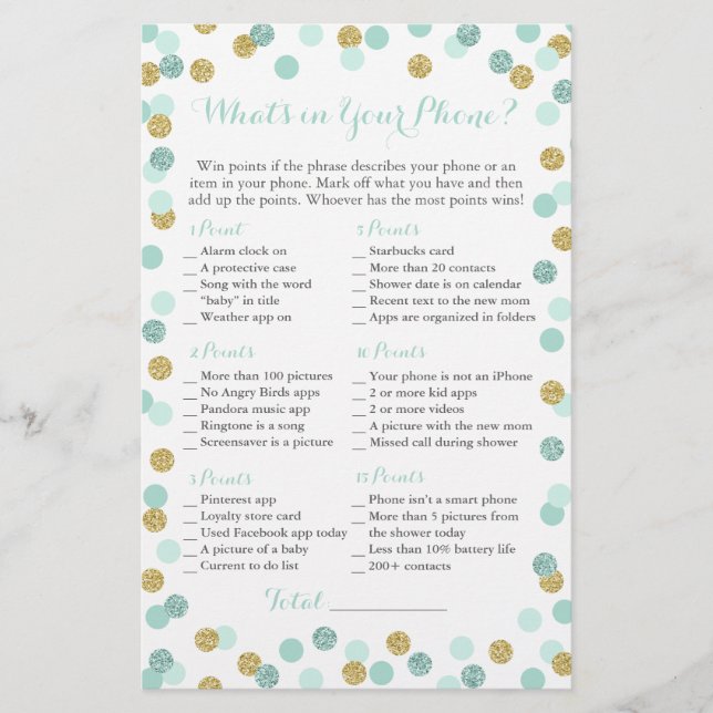 Mint and Gold Glitter What's in Your Phone Game (Front)