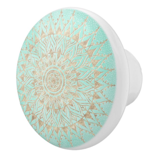Mint and gold mandala ceramic knob (Right)
