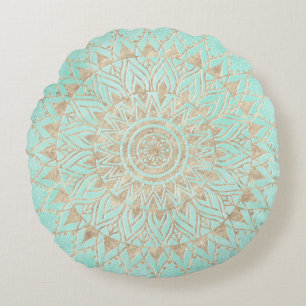 Mint and gold mandala round pillow