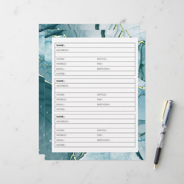 Mint and gold marble address book page (Front/Back In Situ)