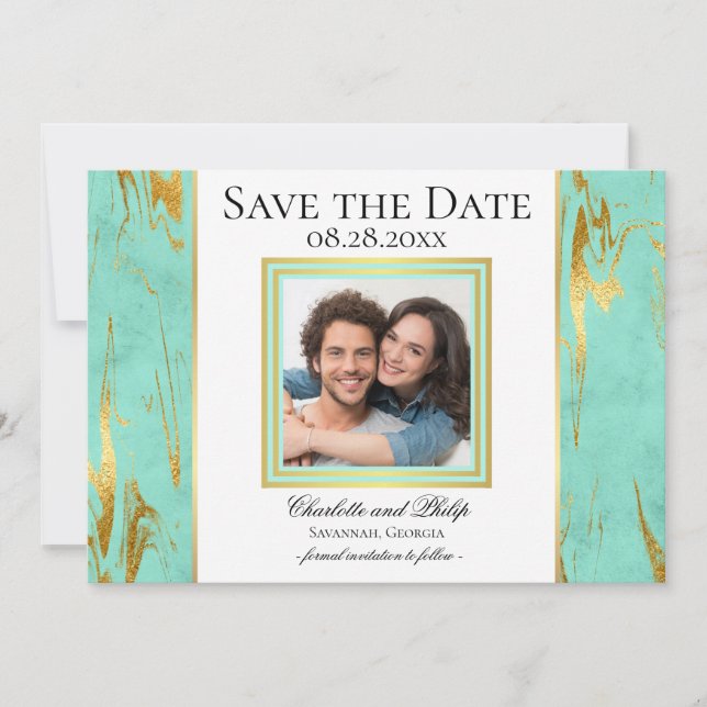 Mint and Gold Marble Photo Save the Date (Front)