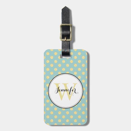 Mint and Gold Polka Dots Pattern Monogram Bag Tag