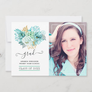Mint and Gold Watercolor Floral Graduation Photo Announcement