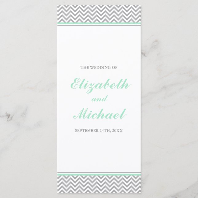 Mint and Grey Chevron Wedding Program (Front)