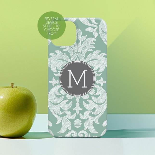Mint and Grey Damask Pattern Custom Monogram Case-Mate iPhone Case (Personalized Phone Case with Custom Photos Text - Choose a Device Style)