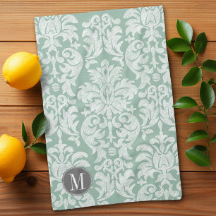 Mint and Grey Damask Pattern Custom Monogram Kitchen Towel