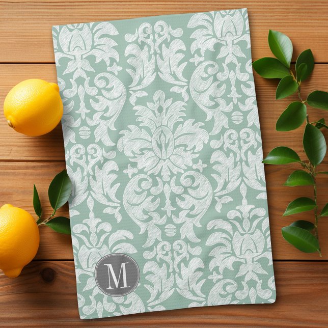 Mint and Grey Damask Pattern Custom Monogram Kitchen Towel (Shabby chic lace damask pattern with a monogram kitchen towel)