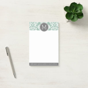 Mint and Grey Damask Pattern Custom Monogram Post-it Notes