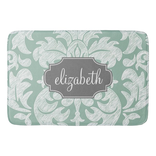 Mint and Grey Damask Pattern Custom Name Bath Mat (Front)
