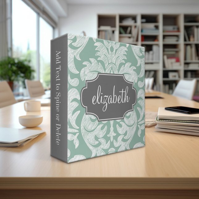 Mint and Grey Damask Pattern Custom Name Binder (Custom Monogram Binder)