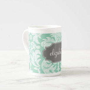 Mint and Grey Damask Pattern Custom Name Bone China Mug