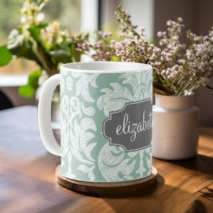 Mint and Grey Damask Pattern Custom Name Coffee Mug