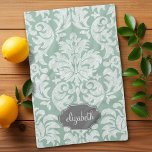 Mint and Grey Damask Pattern Custom Name Kitchen Towel<br><div class="desc">Add your name or monogram to this trendy and feminine floral damasks with popular colours. The damask has a whimsical chalkboard look.</div>