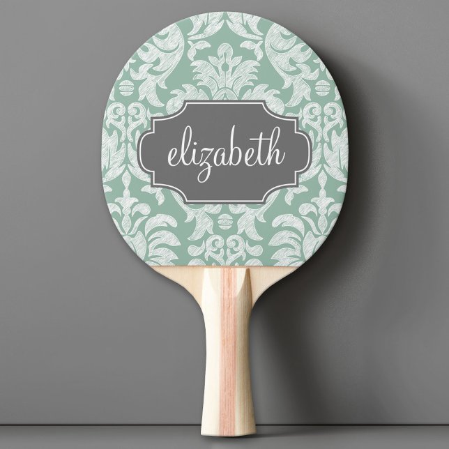 Mint and Grey Damask Pattern Custom Name Ping Pong Paddle (Custom Pink Pong Paddle)