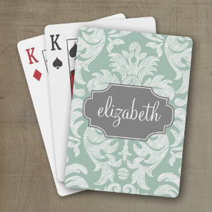 Mint and Grey Damask Pattern Custom Name Playing Cards
