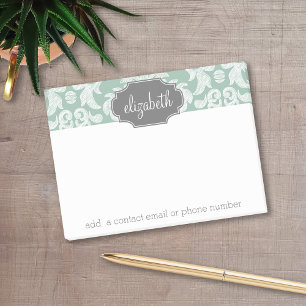 Mint and Grey Damask Pattern Custom Name Post-it Notes
