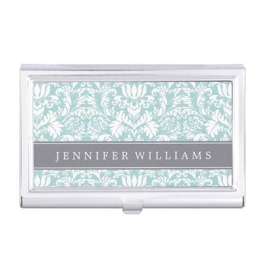 Mint and Grey Elegant Damask Business Card Holder