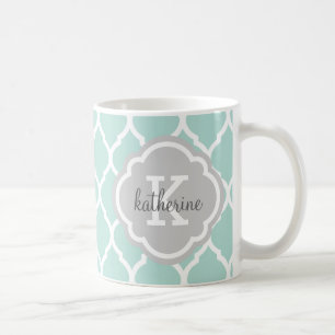 Mint and Grey Moroccan Quatrefoil Monogram Coffee Mug