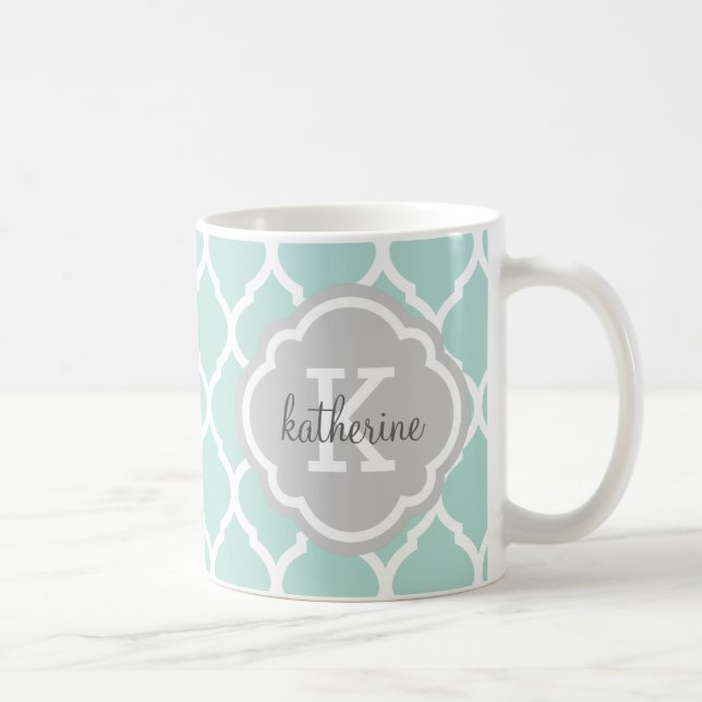 Mint and Grey Moroccan Quatrefoil Monogram Coffee Mug (Right)