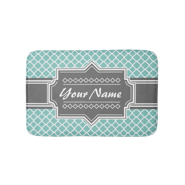 Mint and Grey Moroccan Quatrefoil Personalized N1 Bath Mat (Front)